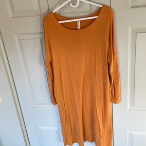 Long mustard t-shirt dress.